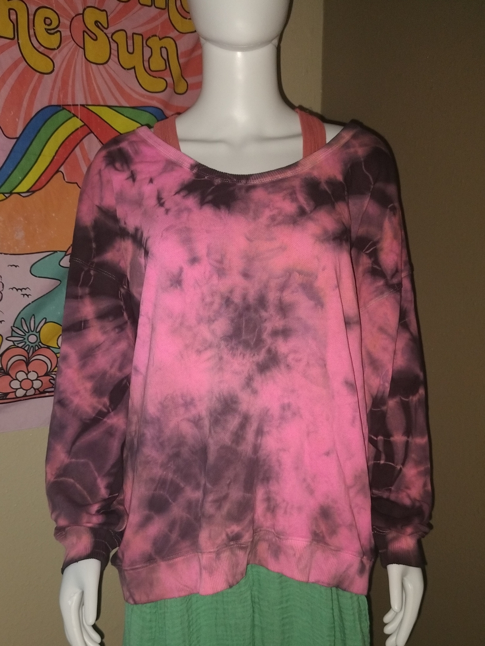 Aerie Pink and Black Tie-Dye Crew Neck Sweater Sz S